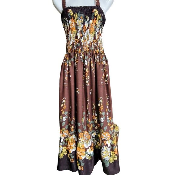 GIRLS Brown Floral Print Rayon Smocked Long Summer Dress - Picture 1 of 6
